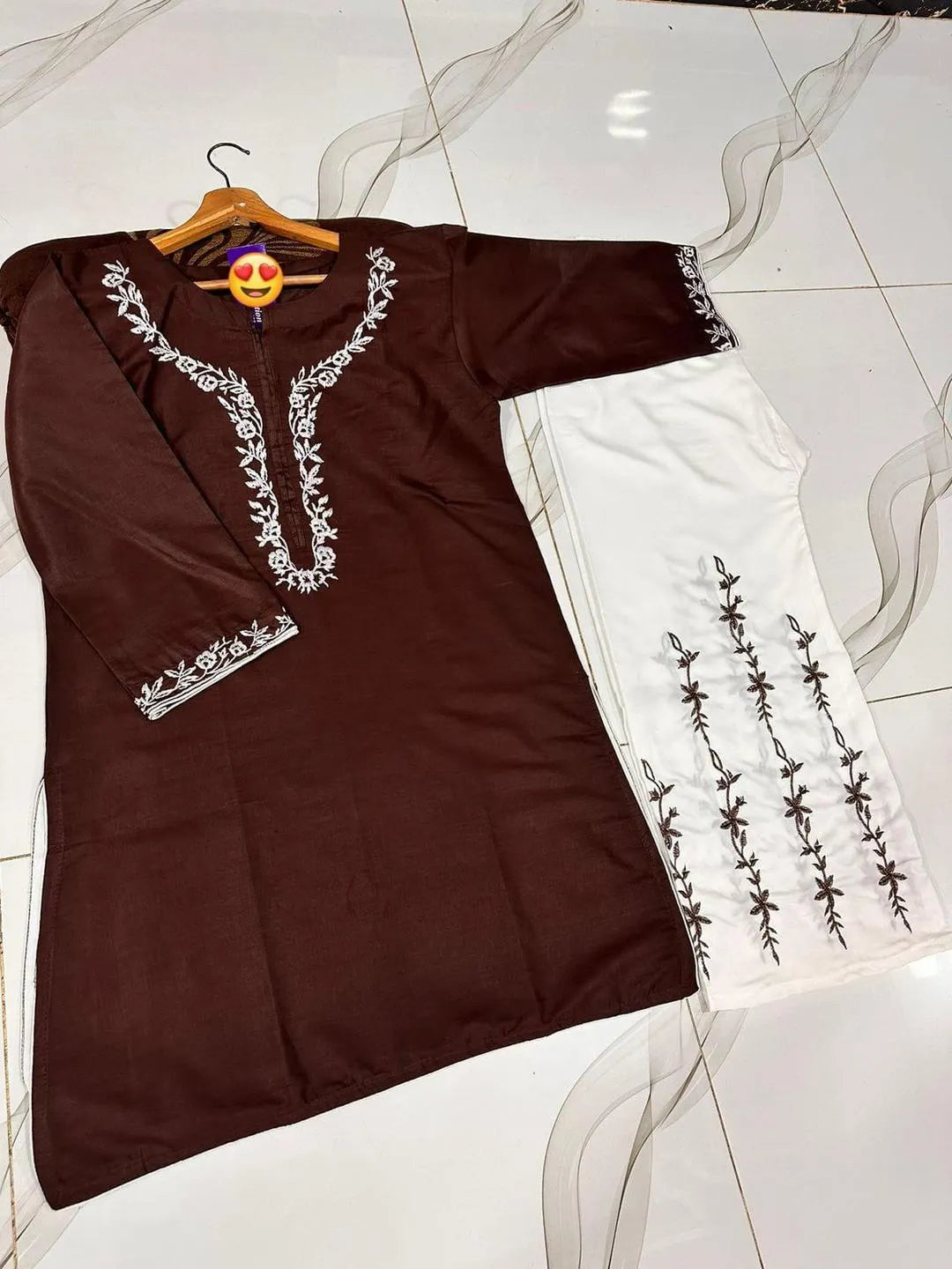 Women Embroidered Cotton Shirt & Flapper Set Brown