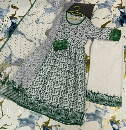 3 Pcs Girl's Arabic Lawn Printed Frock And Trouser Set