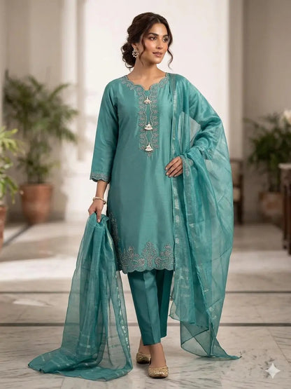 3 Pcs Women’s Stitched Cotton Embroidered Suit