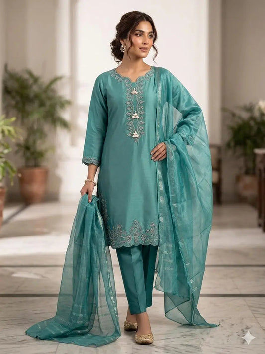 3 Pcs Women’s Stitched Cotton Embroidered Suit