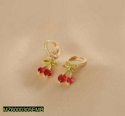 Cherry Drop Earrings Red Gemstone Golden Plated