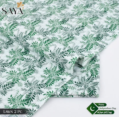Green White Leaf Printed Lawn Fabric 2 Pc