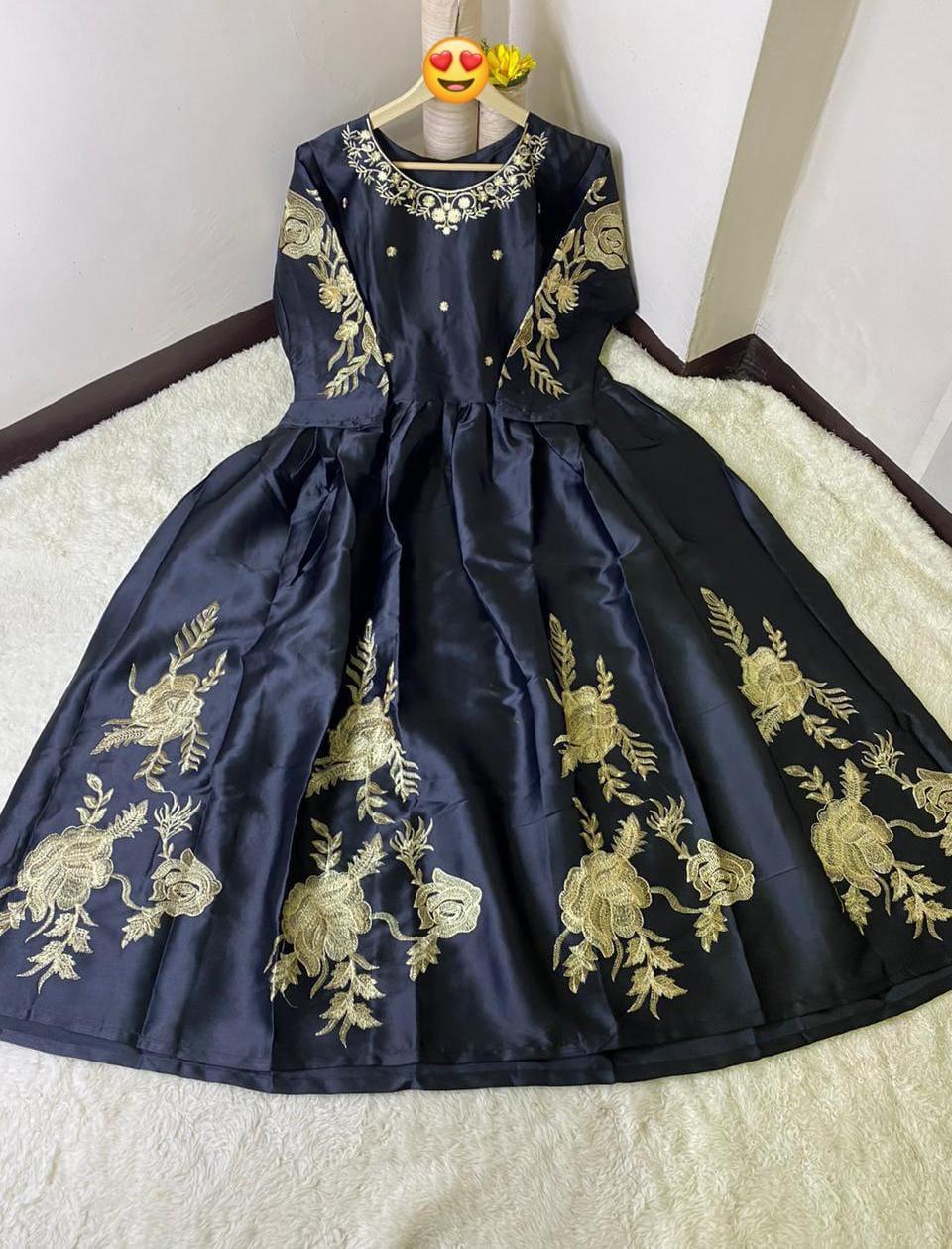 Black Embroidered Maxi Dress with Gold Floral Design