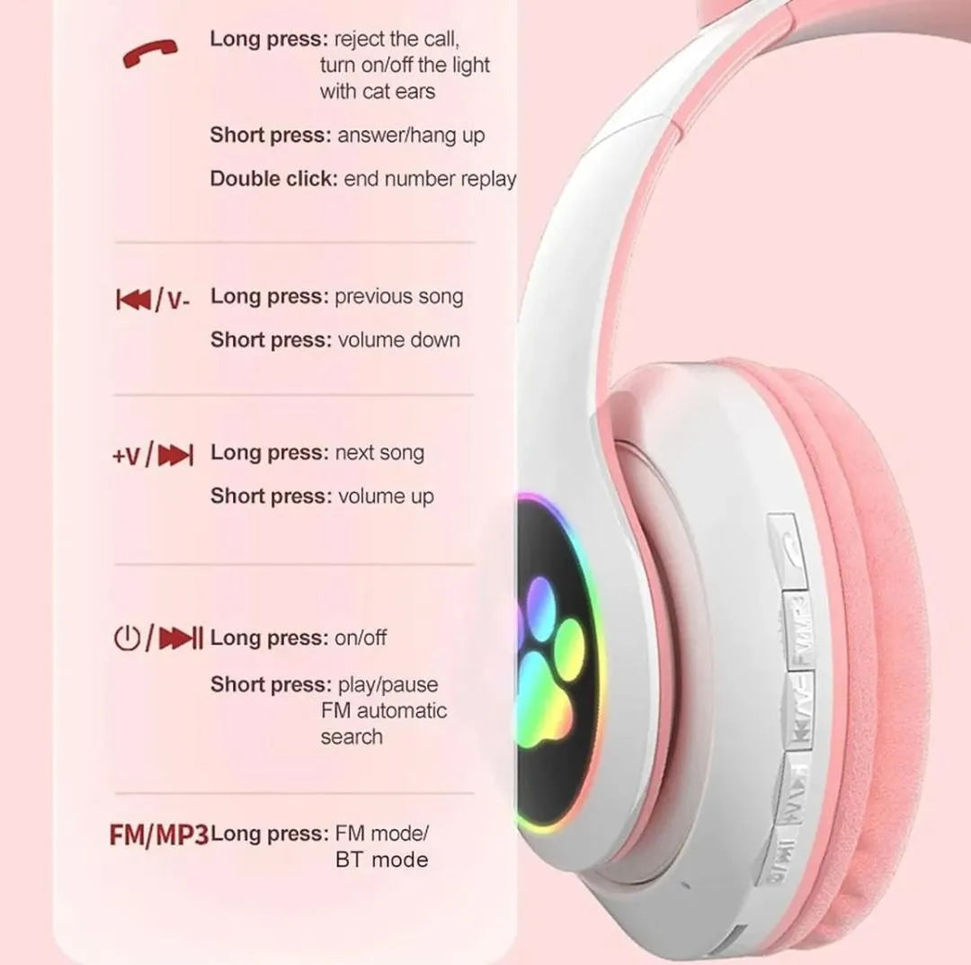 Cat Ear Bluetooth Headphones Pink with LED Lights