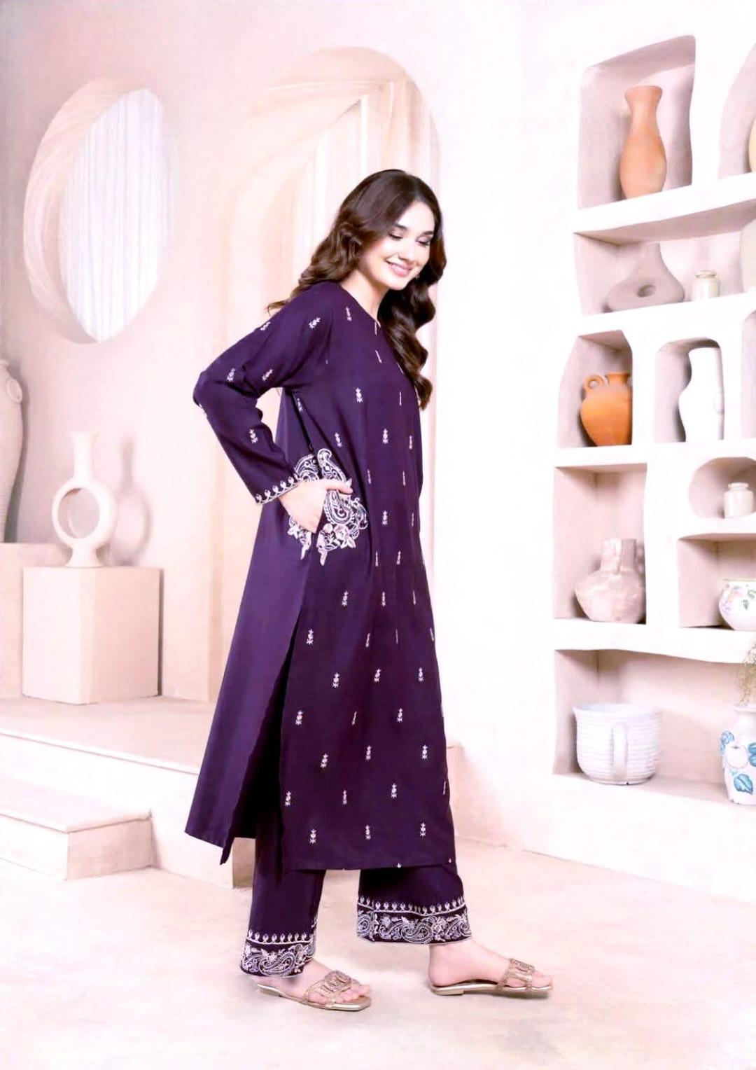 Purple Embroidered 2-Piece Women's Lawn Suit for Weddings & Parties