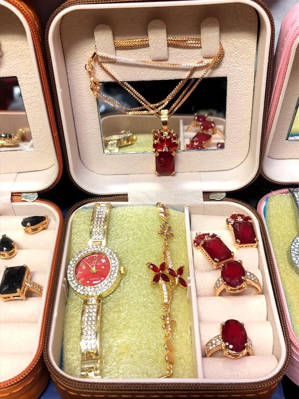 Women's Luxury Gold Plated Jewellery Watch Set with Black Stones