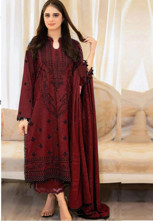 Maroon Embroidered 3-Piece Lawn Suit for Women