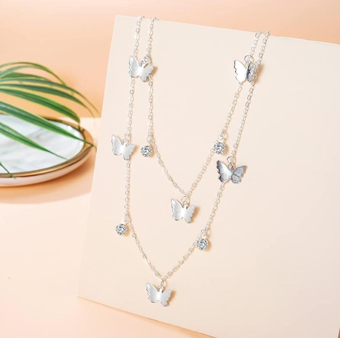 Silver Butterfly Necklace & Earrings Set for Women