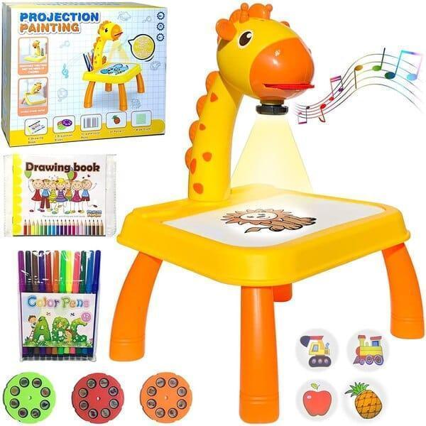 Kids Drawing Table & Projector Set Yellow Pink Plastic