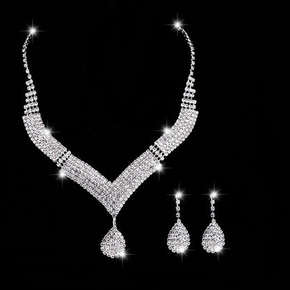 V-Neck Diamond Necklace & Earrings Set for Pakistani Women