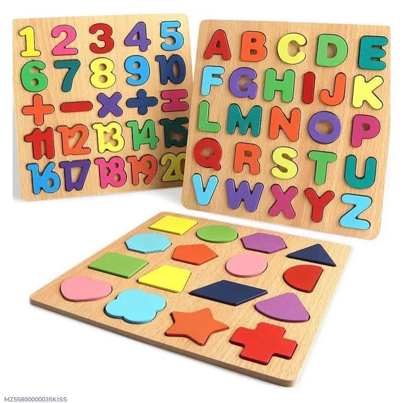 Wooden 3-in-1 ABC Number Shape Puzzle Set for Kids