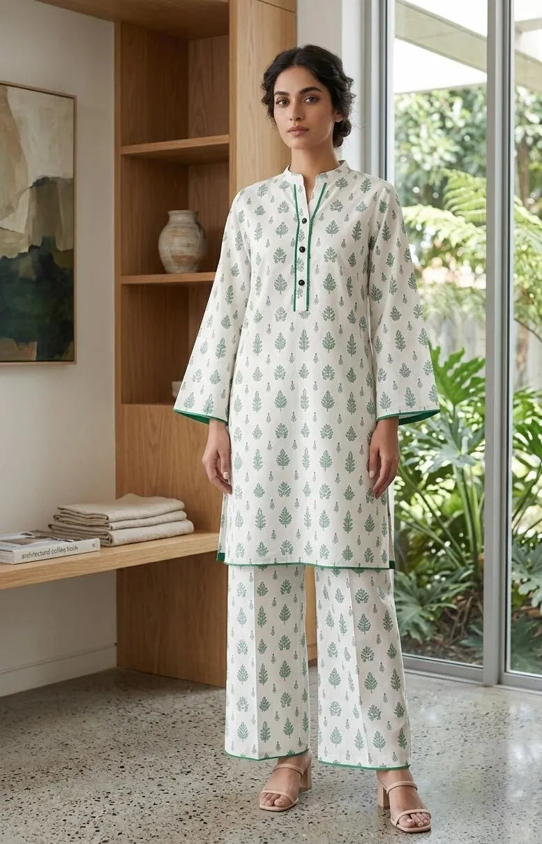 White Printed Arabic Lawn Kurta Set for Women