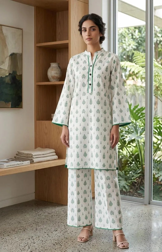 White Printed Arabic Lawn Kurta Set for Women