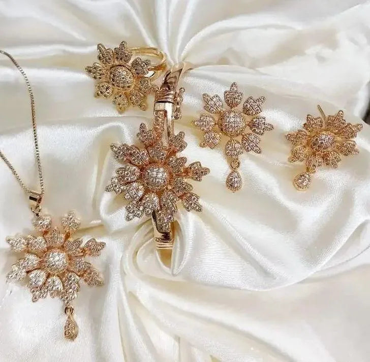 Golden Flower Jewelry Set for Women with Zarcoon Stones