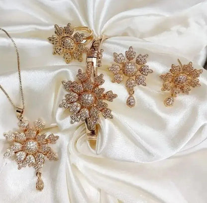 Golden Flower Jewelry Set for Women with Zarcoon Stones