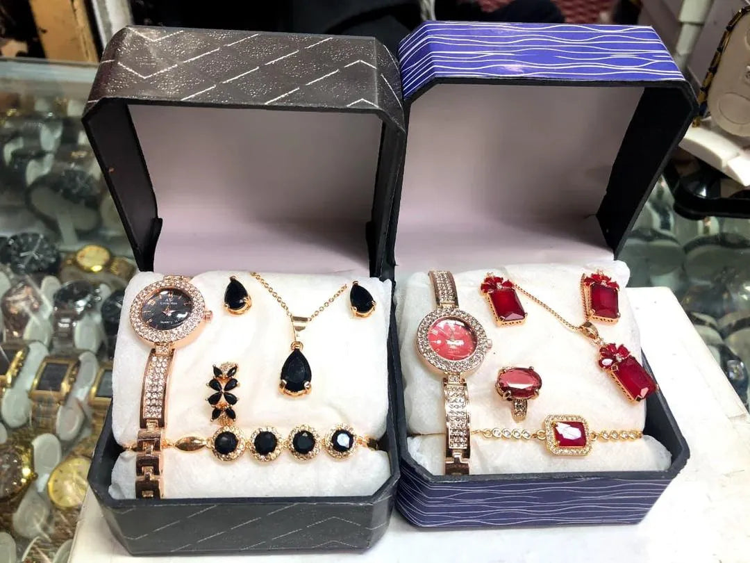 Women's Luxury Gold Plated Jewellery Watch Set with Black Stones