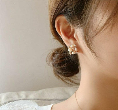 Square Pearl Earrings with Golden Plating & Pearls
