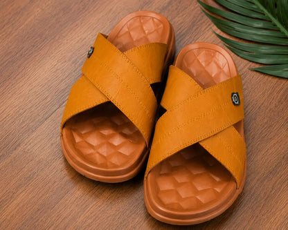 Men's Cross Strap Slide Sandals | Premium Soft Comfortable Slippers for Men | Lightweight Anti-Slip Casual Summer Slides | Indoor Outdoor Open Toe Brown Sandals