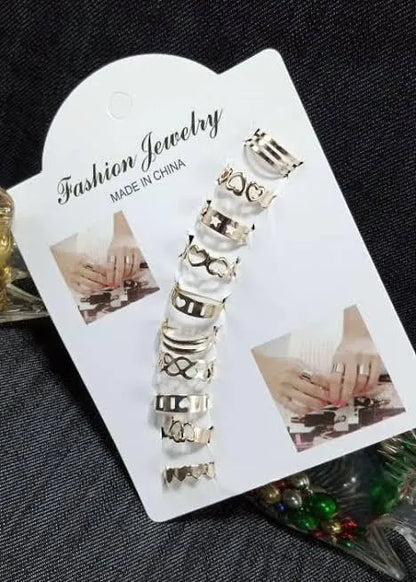 10-Piece Adjustable Ring Set Black Gold Silver Pakistani Fashion