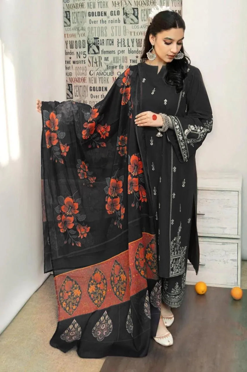 Black Embroidered Lawn 3Pcs Set for Women