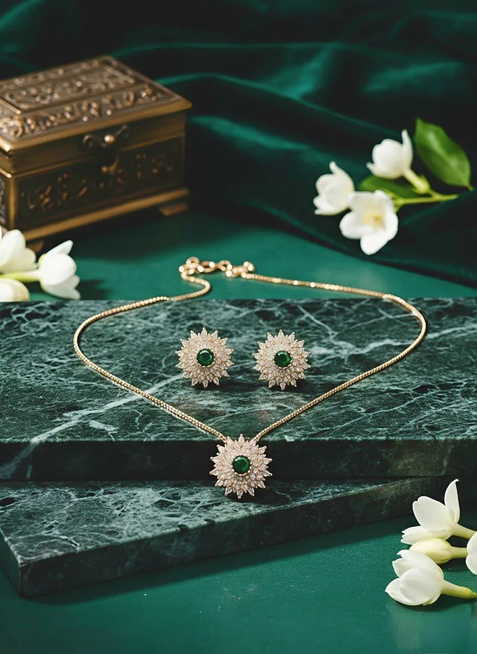Sunburst Pendant Set Green Zircon Gold Plated