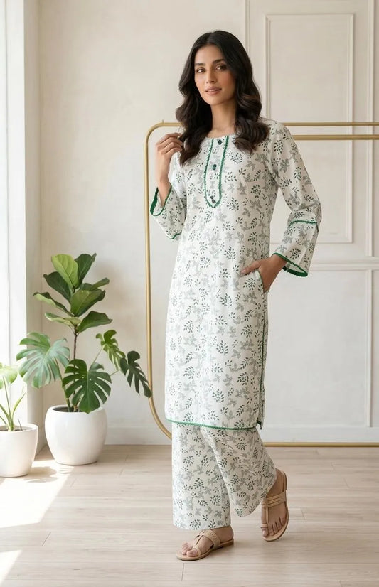 Pakistani Printed Lawn Suit White Green Long Sleeve