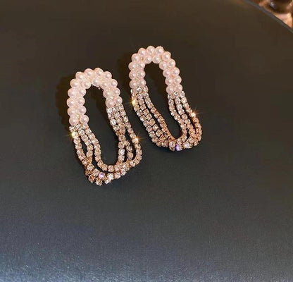 Silver Plated Oval Pearl Rhinestone Earrings for Women