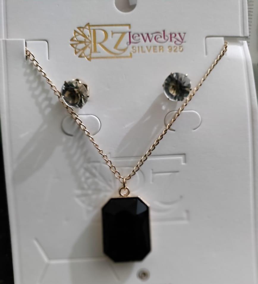 Black Stone Pendant Set with Gold Chain & Earrings