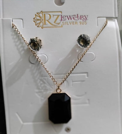 Black Stone Pendant Set with Gold Chain & Earrings