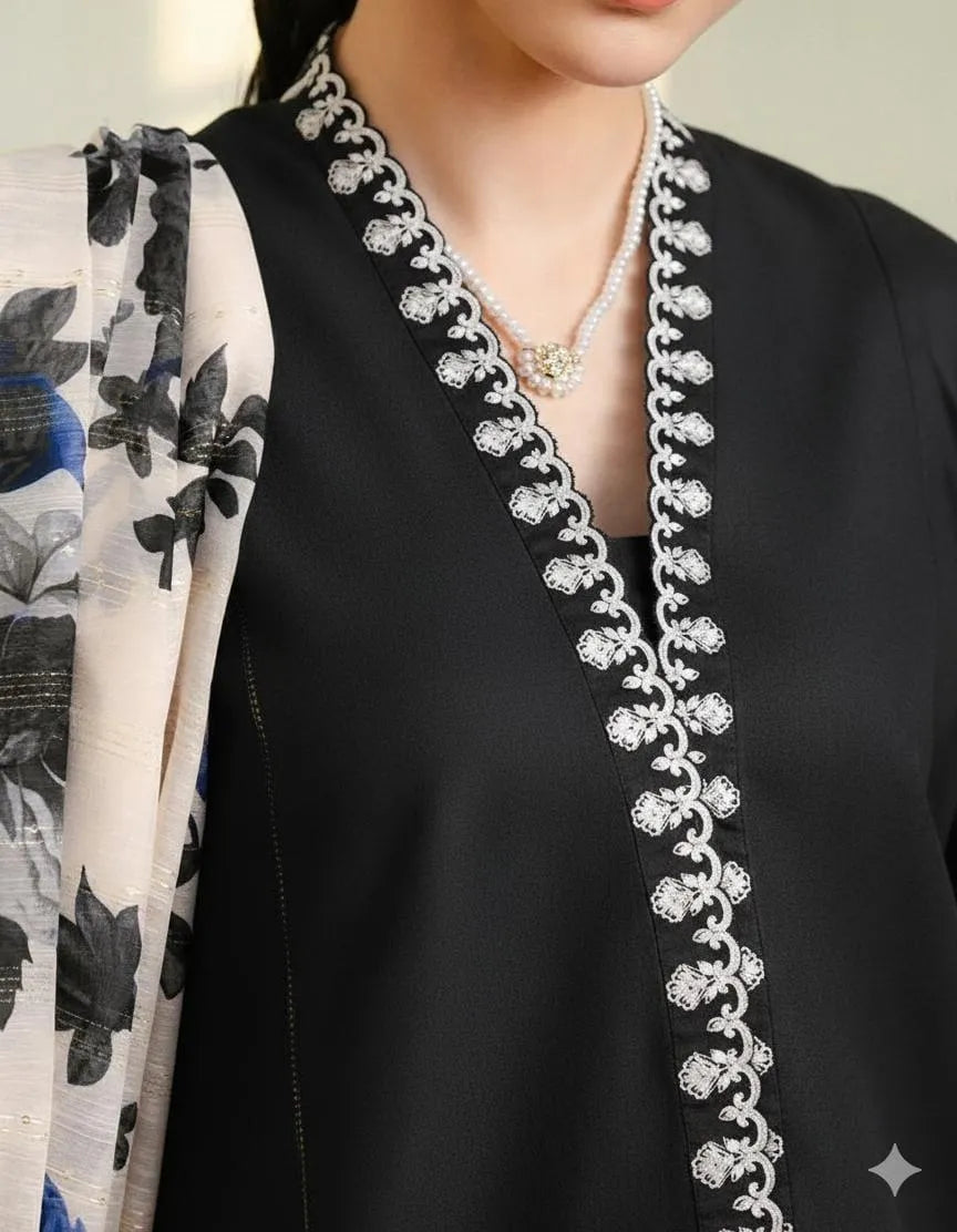 Black Embroidered Lawn Shirt with Dupatta Set