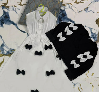 Girls Georgette Bow Top Maxi Set Black White