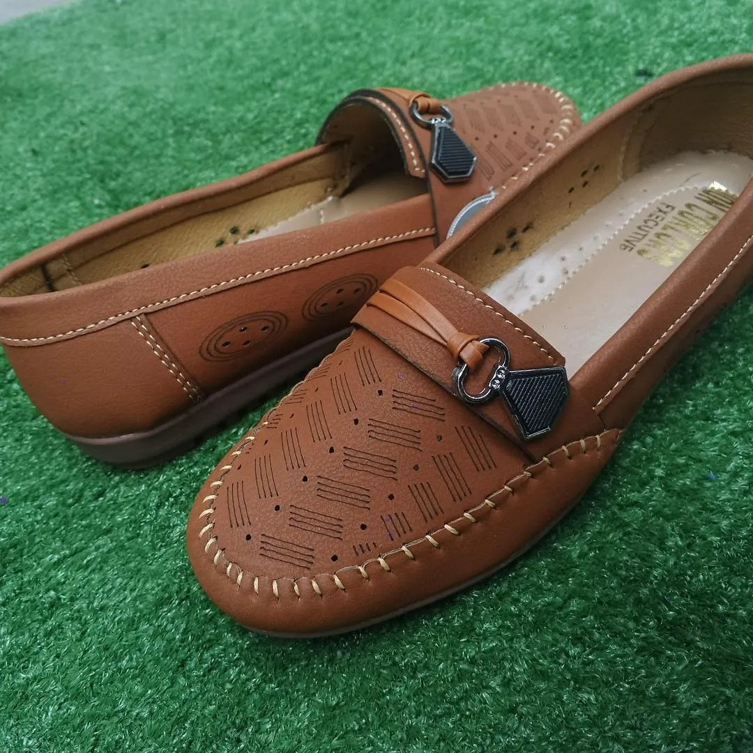 Women Brown Synthetic Leather Loafers with Buckle