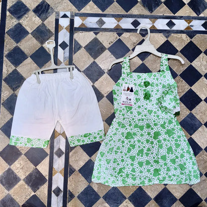 2 Pcs Girl's Cotton Lawn Printed Frock And Trouser Set