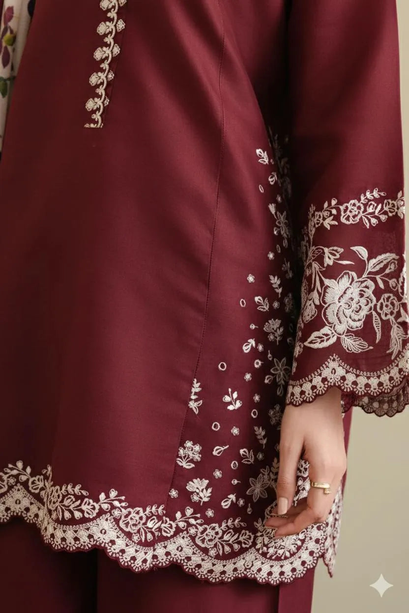 Maroon Embroidered Lawn Shirt Set with Dupatta