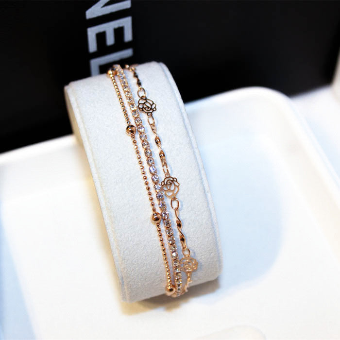 Three Layer Rose Gold Rhinestone Bracelet for Women