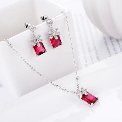 Red Zirconium Earrings & Necklace Set for Women
