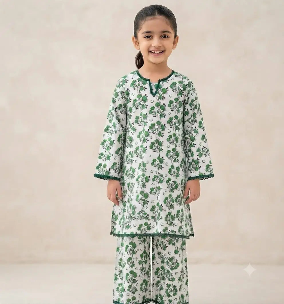 2 Pcs Girl's Cotton Printed Kurta And Pajama