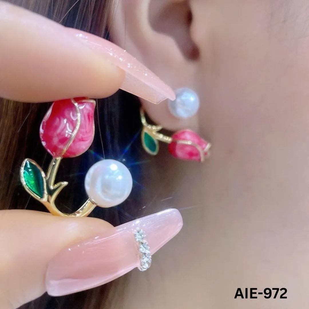 Flower Pearl Earrings Pink Green Leaf Lightweight Daily Wear