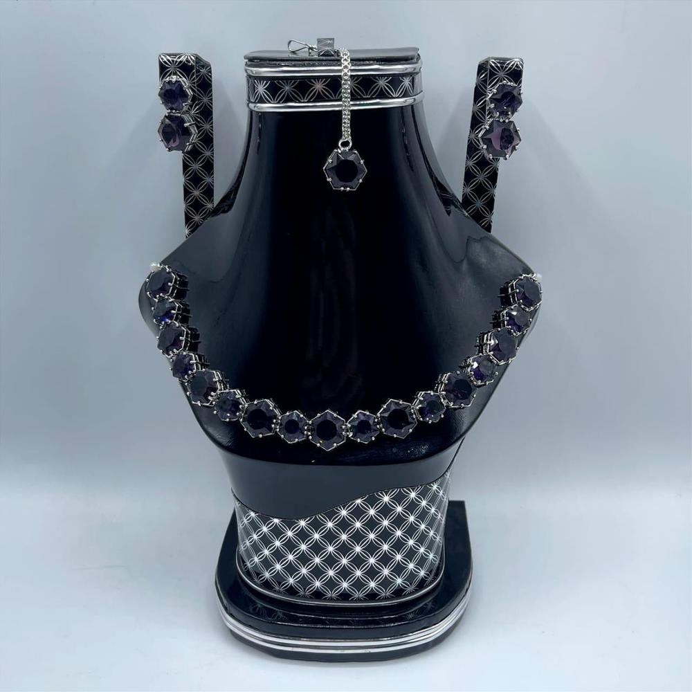 Silver Plated Necklace Set with Purple Gemstones for Women