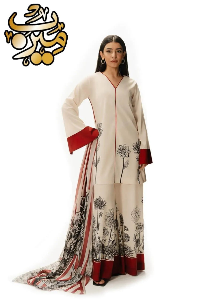 White Printed 3-Piece Arabic Lawn Suit for Women