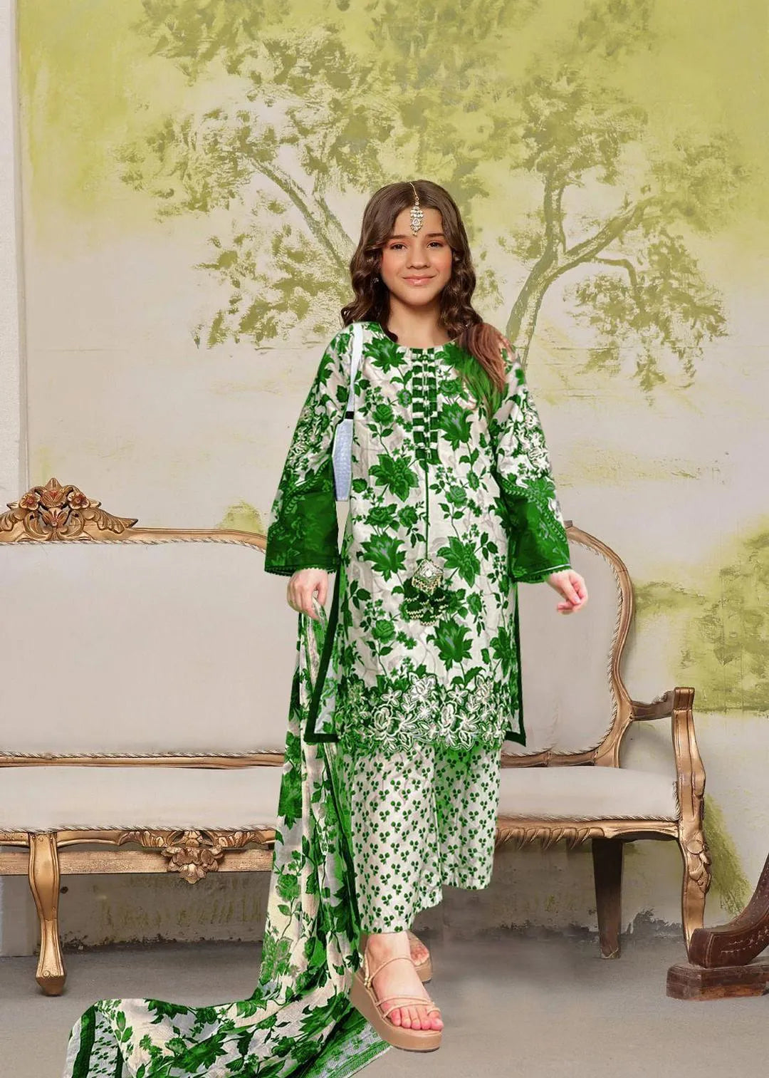Green Floral Arabic Lawn 3-Piece Girl Suit