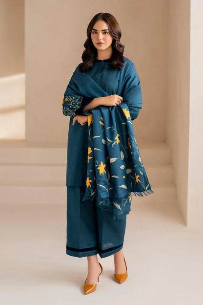 Teal Printed Kurta Set with Embroidered Shawl for Women