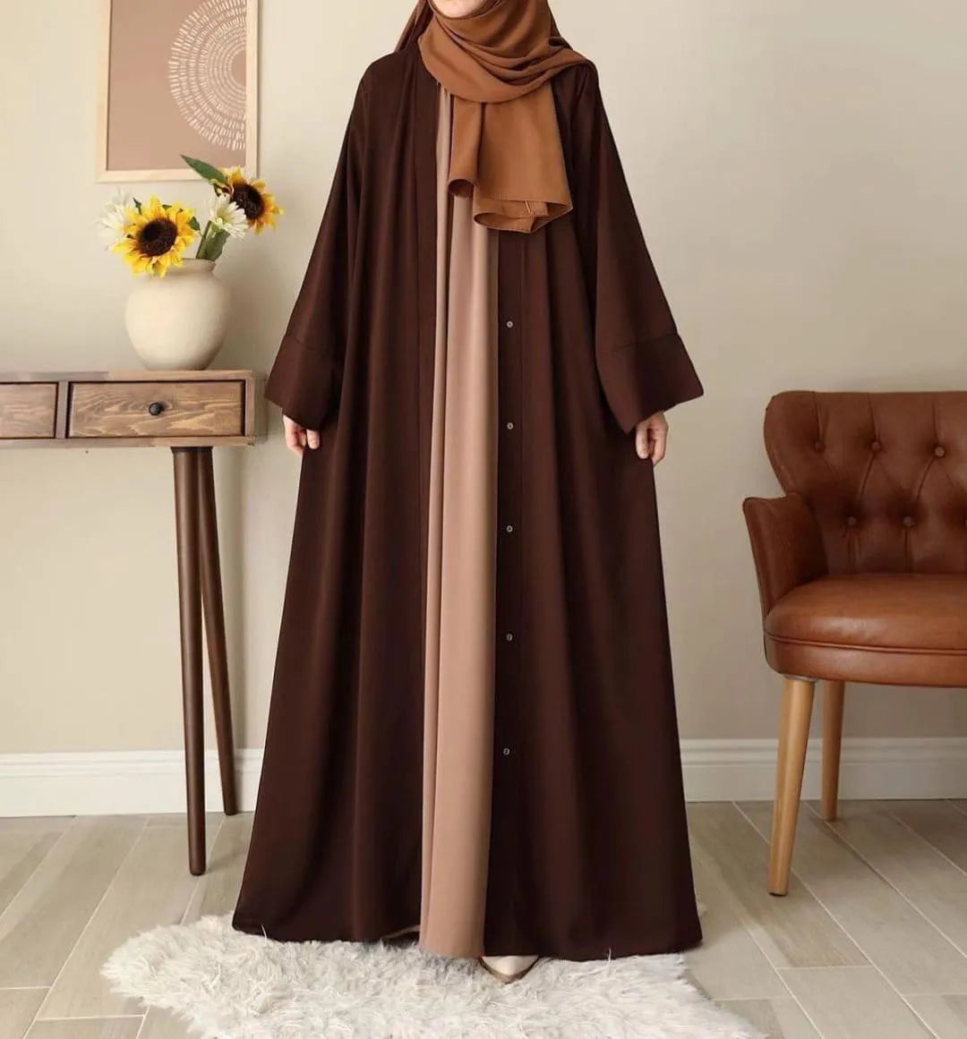 Women Georgette Full Abaya Chocolaty Brown Front Button Closure