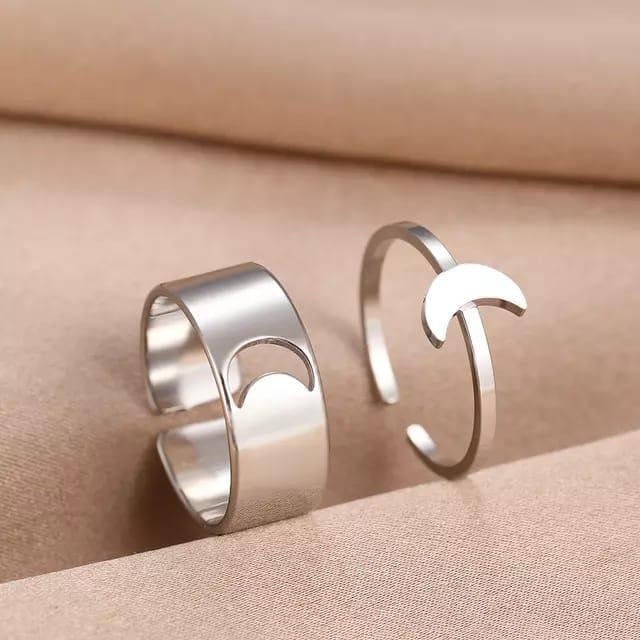 Silver Moon Rings Set of 2 Adjustable Alloy