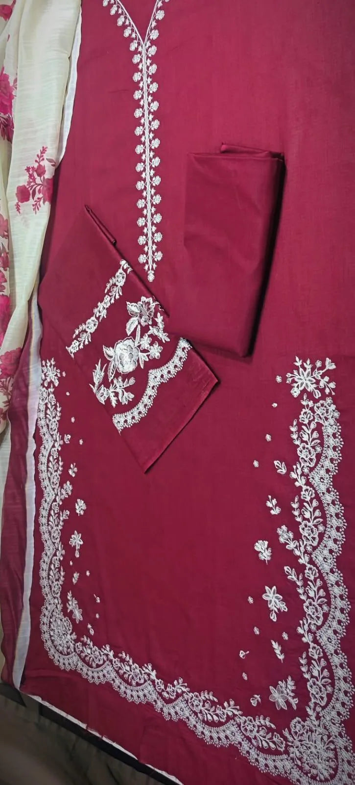 3pc Embroidered Lawn Suit Maroon with Dupata Print