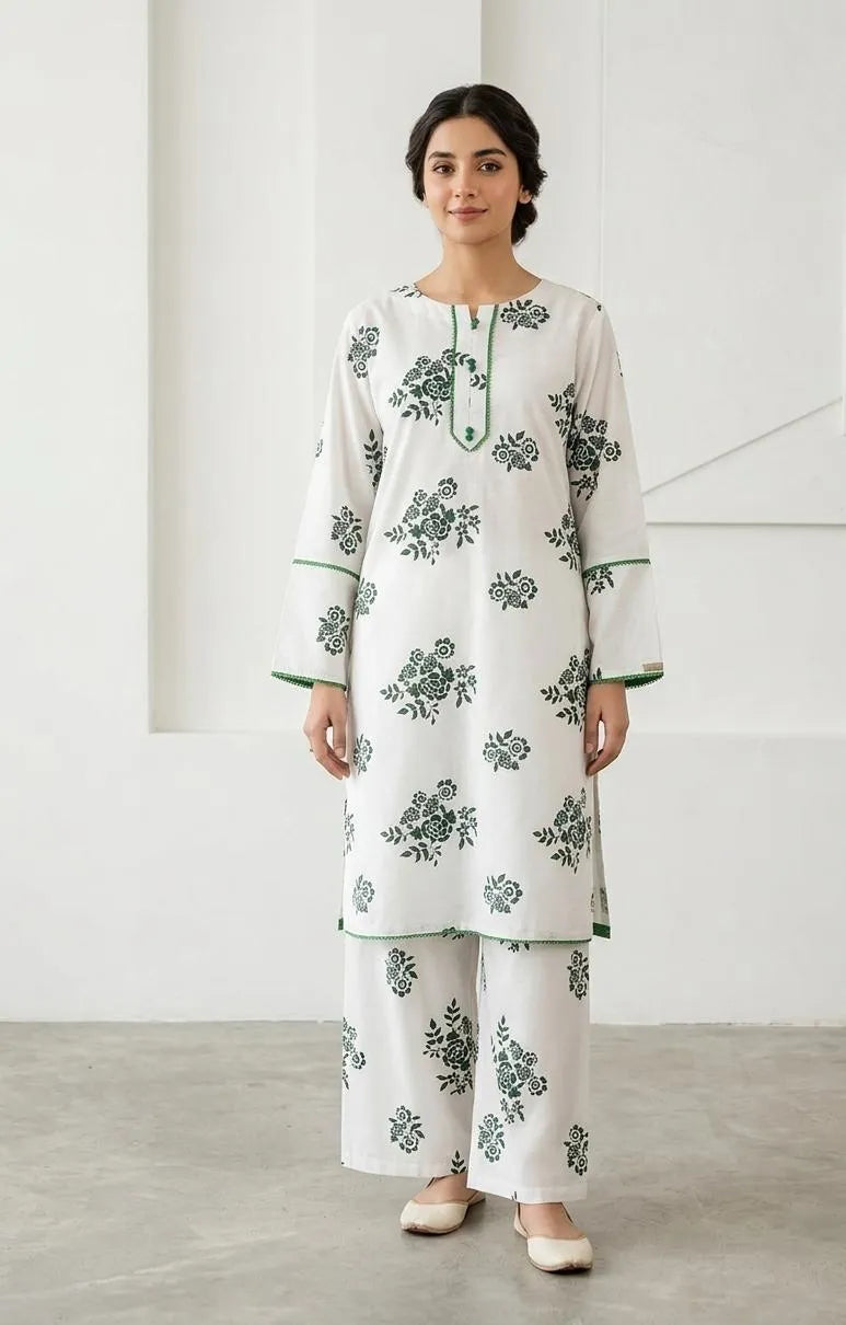Pakistani Printed Kurta Pajama Set White Green Floral