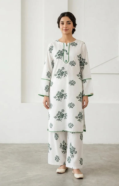 Pakistani Printed Kurta Pajama Set White Green Floral