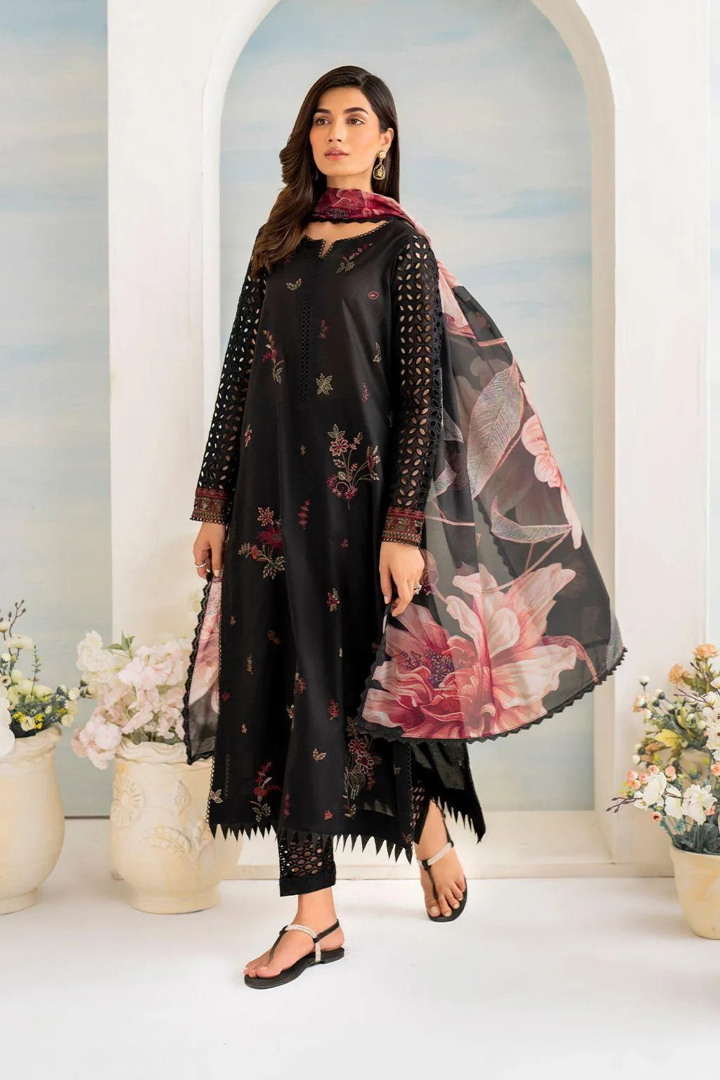 Black Lawn 3-Piece Suit with Floral Dupatta for Weddings Eid