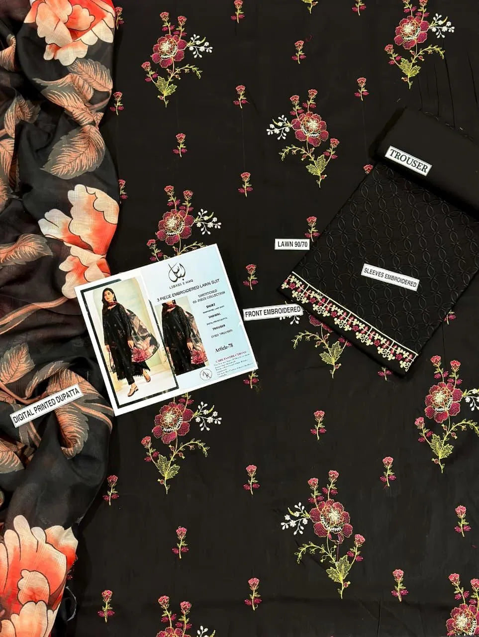 Black Lawn 3-Piece Suit with Floral Dupatta for Weddings Eid