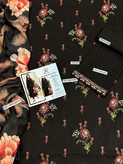 Black Lawn 3-Piece Suit with Floral Dupatta for Weddings Eid